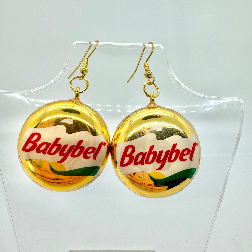 Gold Babybel Cheese Earrings - Metallic Mini Dangles - Playful Foodcore Style